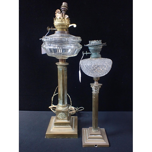 135 - A BRASS COLUMN AND CUT GLASS OIL LAMP (converted but not drilled), approx 54cm high, and another, no... 