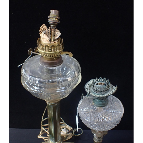 135 - A BRASS COLUMN AND CUT GLASS OIL LAMP (converted but not drilled), approx 54cm high, and another, no... 
