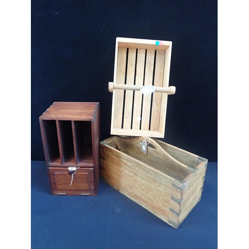136 - A BRASS-MOUNTED WOODEN TOOLBOX a wooden trug, and a desk tidy (3)