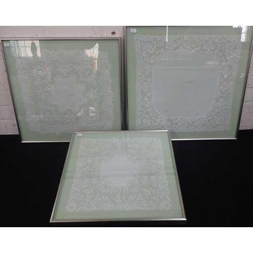 137 - THREE ANTIQUE LACE HANDKERCHIEFS, FRAMED one with ink inscription 'Colnaghi'