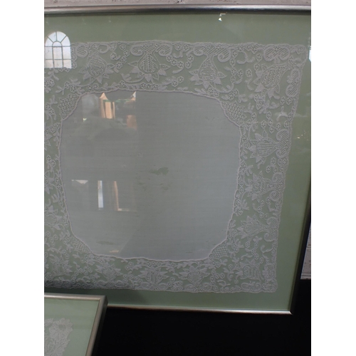 137 - THREE ANTIQUE LACE HANDKERCHIEFS, FRAMED one with ink inscription 'Colnaghi'