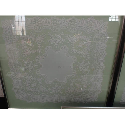 137 - THREE ANTIQUE LACE HANDKERCHIEFS, FRAMED one with ink inscription 'Colnaghi'