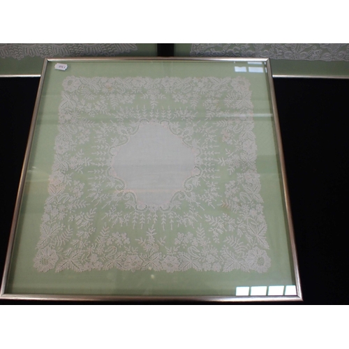 137 - THREE ANTIQUE LACE HANDKERCHIEFS, FRAMED one with ink inscription 'Colnaghi'
