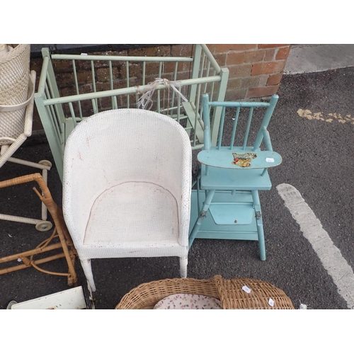 146 - A BABY'S COT ON STAND, AND OTHER NURSERY ITEMS including dolls cots, prams, wicker toy furniture and... 