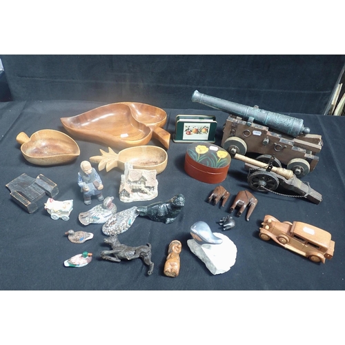 151 - TWO MODEL CANNON AND AN ARMAND MARESILLES BISQUE HEAD DOLL with a collection of woodware, animal and... 