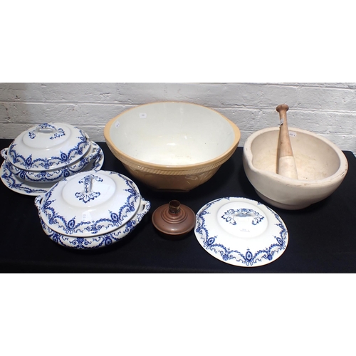 153 - A LARGE MORTAR AND PESTLE, OF LAB QUALITY; 'ACID PROOF' a T.G. Green 'Gripstand' mixing bowl, Edward... 