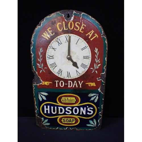 154 - A HUDSON'S SOAP ENAMELLED CLOCK SIGN, WITH BRASS HANDS 46 x 27cm (damage and overpainting, varnished... 