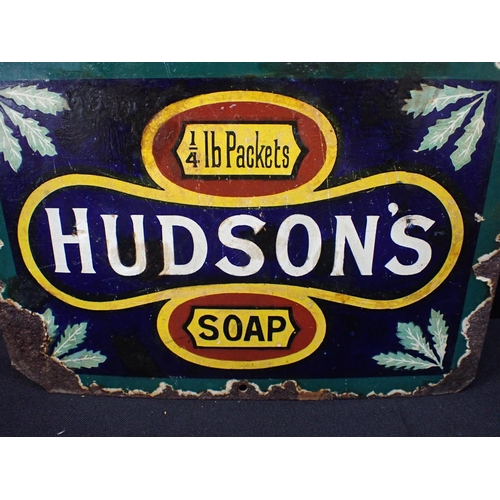 154 - A HUDSON'S SOAP ENAMELLED CLOCK SIGN, WITH BRASS HANDS 46 x 27cm (damage and overpainting, varnished... 