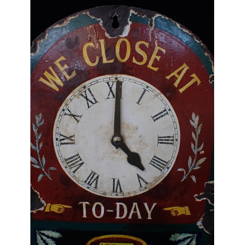 154 - A HUDSON'S SOAP ENAMELLED CLOCK SIGN, WITH BRASS HANDS 46 x 27cm (damage and overpainting, varnished... 