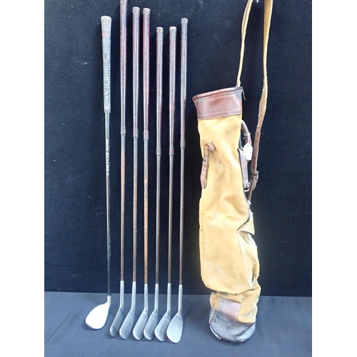 156 - AN OLD GOLF BAG WITH SEVEN VINTAGE IRONS