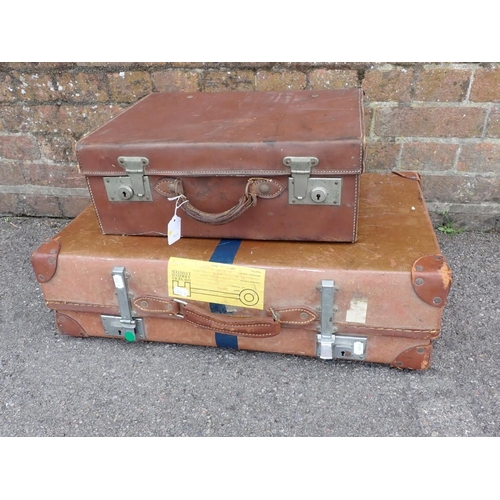 158 - A VINTAGE LEATHER SUITCASE 45cm wide (a/f), and a vintage composition 'Revelation' case  67cm wide (... 