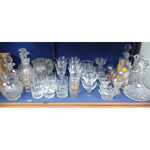 166 - A COLLECTION OF GLASSWARE including cut glass decanters and jugs, a pair of small urns, wine glasses... 