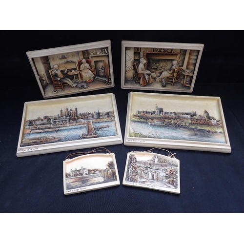 167 - FOUR 'IVOREX' OSBORNE PLAQUES including Tower of London and Windsor Castle, and two similar smaller ... 