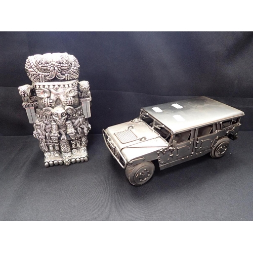 171 - A MEXICAN SILVER-PLATED ZANFELD AZTEC/INCA FIGURE 21cm high, and a metal model jeep (2)