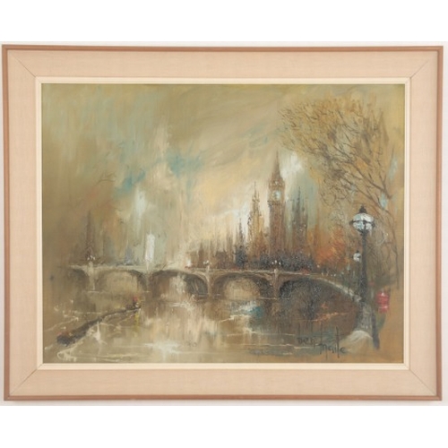 10 - BEN MAILE (1922-2017) A London river scene

with Big Ben to the distance, signed lower right, oil on... 