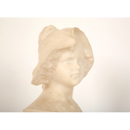 101 - A CARVED ALABASTER BUST OF A BONNETED GIRL

early 20th century, on later square base, 30cm high x 20... 