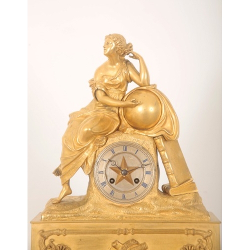 136 - AN ORMOLU MANTEL CLOCK

19th century, with seated female surmount representing 'Knowledge and Discov... 