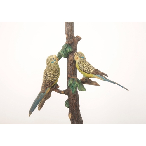 144 - A MATCHED PAIR OF AUSTRIAN COLD-PAINTED BRONZE BUDGERIGAR LAMPS

mid-20th century, realistically per... 