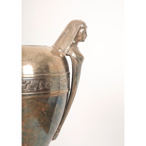 179 - A SILVER-PLATED EGYPTIAN STYLE TROPHY OR DECORATIVE URN

mid-20th century or later, with engraved hi... 