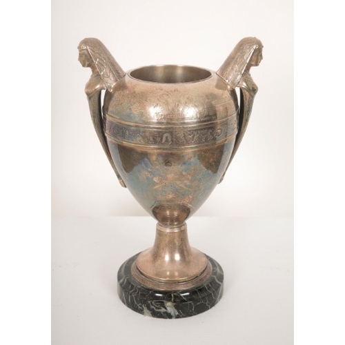 179 - A SILVER-PLATED EGYPTIAN STYLE TROPHY OR DECORATIVE URN

mid-20th century or later, with engraved hi... 