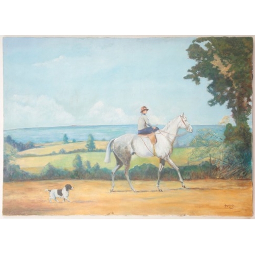 18 - A. BARRETT (20TH CENTURY) A portrait of a horse and rider

a spaniel following, signed lower right, ... 