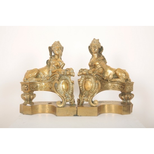 185 - A PAIR OF SPHINX BRASS ANDIRONS OR FIRE DOGS POSSIBLY AFTER NICOLAS COUSTOU

late 19th century, Fren... 