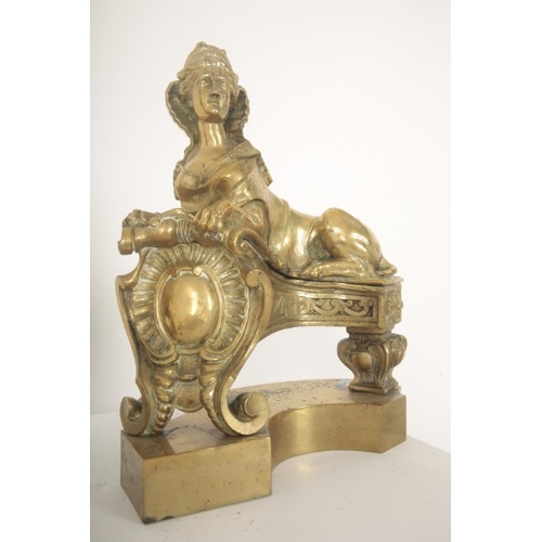 185 - A PAIR OF SPHINX BRASS ANDIRONS OR FIRE DOGS POSSIBLY AFTER NICOLAS COUSTOU

late 19th century, Fren... 