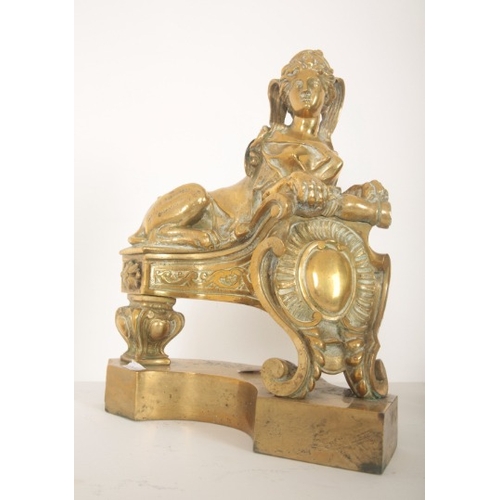 185 - A PAIR OF SPHINX BRASS ANDIRONS OR FIRE DOGS POSSIBLY AFTER NICOLAS COUSTOU

late 19th century, Fren... 