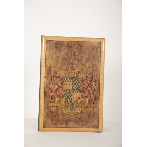 214 - TWO WOODEN FOLIO COVERS WITH PAINTED ARMORIAL CRESTS

probably mid to late 20th century, 35cm x 24cm... 