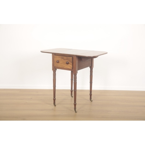 216 - AN EARLY VICTORIAN FIGURED MAHOGANY DROP LEAF WORK TABLE

early 19th century, with two dummy drawers... 