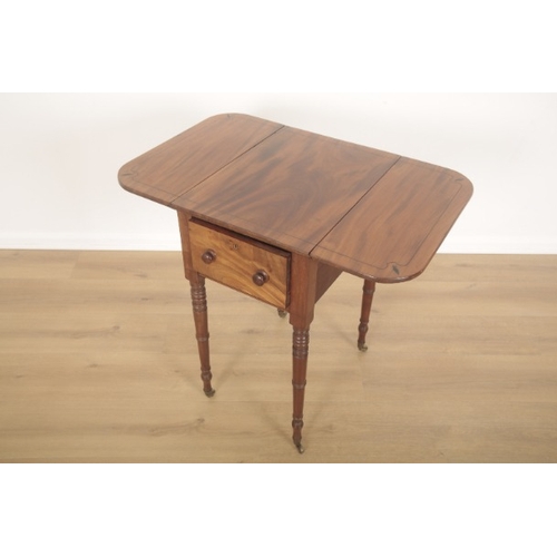 216 - AN EARLY VICTORIAN FIGURED MAHOGANY DROP LEAF WORK TABLE

early 19th century, with two dummy drawers... 