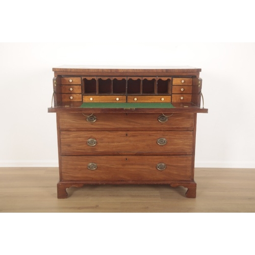 218 - A GEORGE III MAHOGANY SECRETAIRE CHEST

mid-19th century, the front fall enclosing pigeonholes and e... 