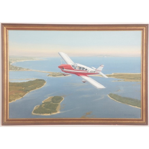 22 - RICHARDS (20TH CENTURY), Study of a Cessna 1172 flying above the coast

red and white livery, regist... 