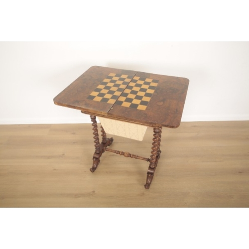 223 - A VICTORIAN BURR WALNUT GAMES WORK TABLE

late 19th century, with inlaid games board and pull out 'w... 