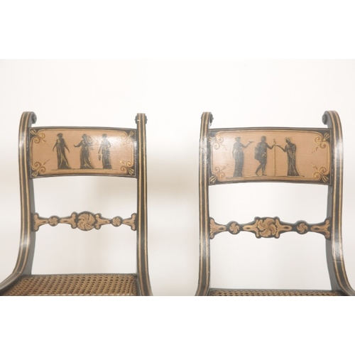 244 - A PAIR OF EBONISED AND PARCEL-GILT CHAIRS IN REGENCY STYLE

20th century, the rectangular panel back... 