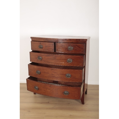 246 - A GEORGE III MAHOGANY AND CROSSBANDED BOWFRONT CHEST OF DRAWERS

with two short and three long gradu... 