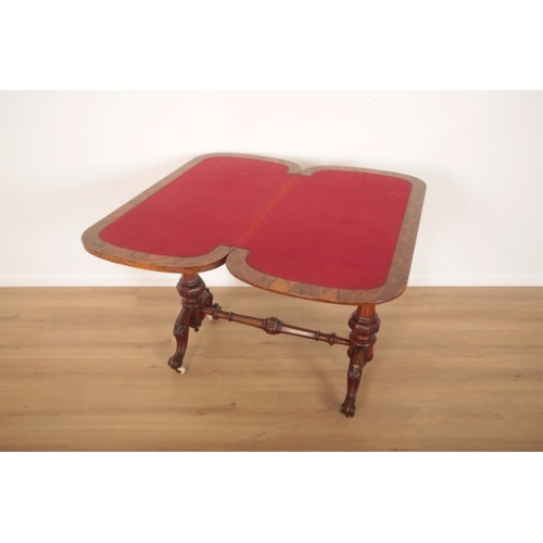 247 - A VICTORIAN MARQUETRY INLAID BURR WALNUT CARD TABLE

late 19th century, new red baize interior, with... 