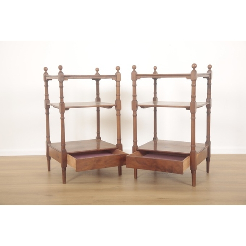 262 - A PAIR OF YEW WOOD THREE TIER WHATNOTS

with knob finials, one lower drawer each, terminating on tur... 