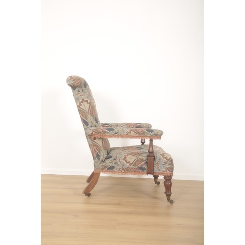 267 - A VICTORIAN MAHOGANY ARMCHAIR

with wide crest rail and deep seat, upholstered in Liberty print fabr... 