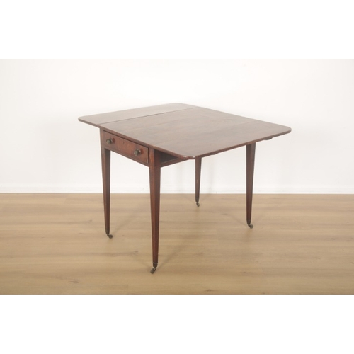 281 - A LATE GEORGE III MAHOGANY AND PARQUETRY STRUNG PEMBROKE TABLE

with a single frieze drawer to one e... 