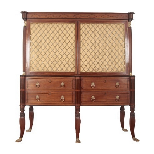 290 - A PAIR OF REGENCY FIGURED MAHOGANY CABINETS OF EGYPTIAN REVIVAL DESIGN

inlaid throughout with eboni... 