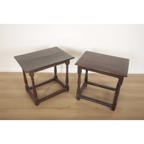 298 - TWO ELM OCCASIONAL TABLES

18th century and later, rectangular tops on slender baluster turned suppo... 