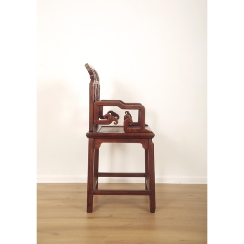 301 - A CHINESE HARDWOOD ARMCHAIR CHAIR

with scrolled back rail and stepped arms, the back splat with a c... 