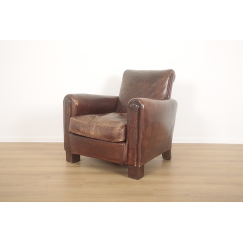 309 - A PAIR OF LEATHER CLUB ARMCHAIRS

20th century, with deep square seats on block legs, 80cm high x 79... 