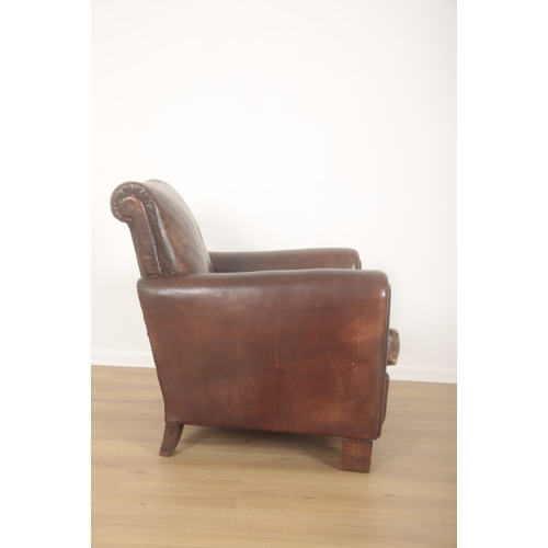 309 - A PAIR OF LEATHER CLUB ARMCHAIRS

20th century, with deep square seats on block legs, 80cm high x 79... 