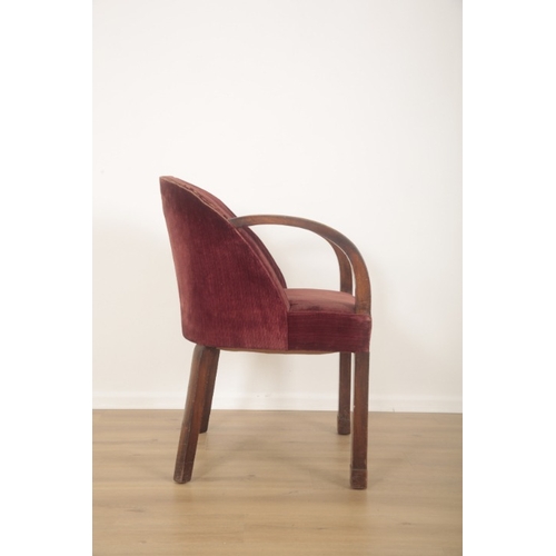 310 - A MAHOGANY ARMCHAIR

stamped to a rear leg 'Howard & Sons Ltd', with red cut velvet covers, on mould... 