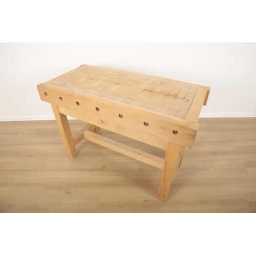 313 - A BEECHWOOD BUTCHERS BLOCK AND STAND

with characteristic densely packed chequerboard top, reinforci... 