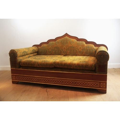 326 - TWO HARDWOOD SOFAS WITH ARCHED MORESQUE BACK RAILS

modern, upholstered throughout in arabesque patt... 