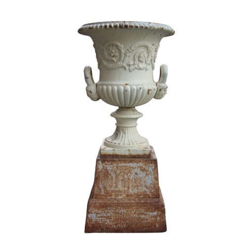 360 - A PAIR OF CAST IRON CAMPANA GARDEN URNS WITH STEPPED PEDESTAL

late 19th or early 20th century, poss... 