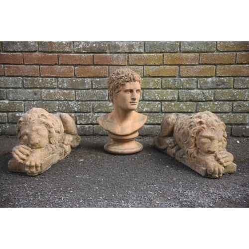 371 - TWO RECONSTITUTED STONE GARDEN LIONS AFTER CANOVA

63cm long; together with a reconstituted bust of ... 